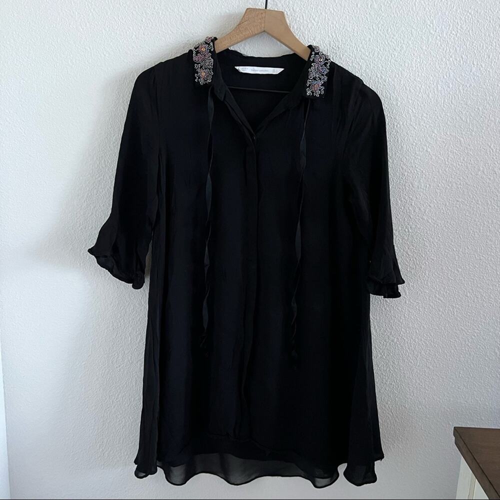 Zara Trafaluc Black Layered Semi Sheer Dress Beaded Collar Statement Sleeve US S